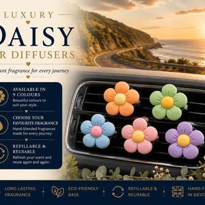 May include: Five flower-shaped car air fresheners in orange, light green, light blue, pink, and purple, each with a yellow centre, attached to a black car air vent. Text on the image reads LUXURY DAISY CAR DIFFUSERS and lists product features.
