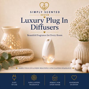 May include: A white plug-in diffuser with a teardrop shape and a clear base. Text reads: SIMPLY SCENTED DEVON Luxury Plug In Diffusers, Beautiful Fragrance for Every Room, SIMPLY PLUG IN & ENJOY BEAUTIFUL LONG LASTING FRAGRANCE, EASY TO USE, LONG LASTING FRAGRANCE, PERFECT FOR EVERY ROOM, HANDMADE IN DEVON.
