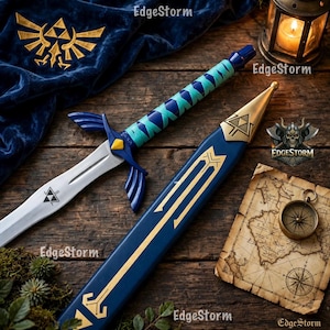 May include: A replica sword with a silver blade featuring a black Triforce symbol, a blue and teal wrapped handle, and a blue crossguard. It is accompanied by a matching blue scabbard with gold accents and a gold Triforce emblem at the top.