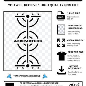 Puede incluir: Un archivo de diseño gráfico digital que presenta el texto AXIS MATERS centrado dentro de una disposición vertical de tres símbolos geométricos circulares y lineales. El diseño se presenta sobre un fondo transparente con detalles de texto.