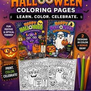 May include: US Holiday Optical Halloween colouring pages featuring two designs with a purple monster and a ghost wearing glasses, both holding trick-or-treat bags. Includes colour and black and white versions, 8.5 x 11 inch printable PDF format.