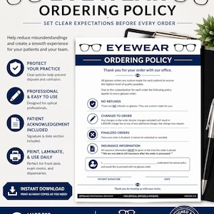 Optical Eyewear Ordering Policy PDF | Printable Patient Agreement Form | Optician Office Job Aid | Optical Office Forms