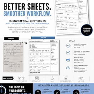May include: A digital flyer for Opti-Axis custom optical order sheet design services. The layout displays a before-and-after comparison of an optical form, lists service benefits, and outlines a three-step process for creating professional, print-ready documents for eye care practices.
