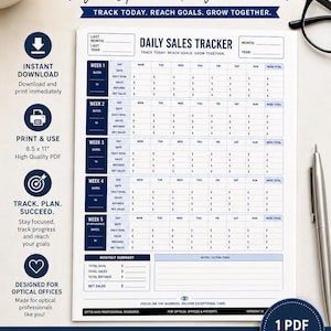 Daily Sales Tracker Printable PDF | Optical Office Sales Log | Monthly Sales Tracking Sheet | Optical Practice KPI Tracker