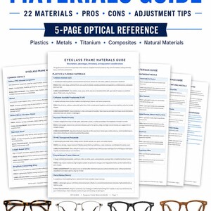 May include: A 5-page digital reference guide titled Eyeglass Frame Materials Guide, featuring text on plastics, metals, titanium, composites, and natural materials. Four pairs of eyeglasses in tortoise, silver, black, and brown sit below the pages.