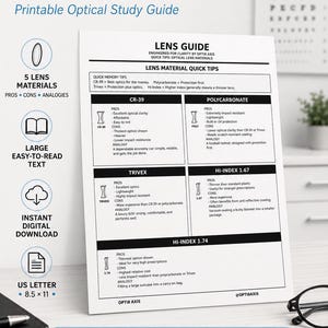 Könnte beinhalten: Ein druckbarer optischer Studienleitfaden mit dem Titel Lens Material Quick Tips, der eine Vergleichstabelle für CR-39, Polycarbonat, Trivex, Hi-Index 1.67 und 1.74 Gläser enthält. Das Dokument bietet Vor- und Nachteile sowie Analogien auf einer 21,59 x 27,94 cm Seite.