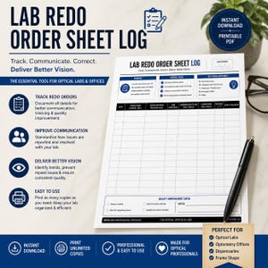 May include: A white Lab Redo Order Sheet Log document with dark blue text and headers. The form includes sections for date, patient name, job number, reason for redo, code, communication, lab response, resolution, and notes, with a black pen nearby.