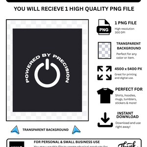 May include: A digital graphic file featuring a white power button icon centred on a dark square, surrounded by the text POWERED BY PRECISION. The image includes technical specifications such as 1 PNG file, 300 DPI, transparent background, and 4500 x 5400 PX dimensions for digital use.