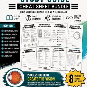 May include: A digital study guide bundle for optical students titled Opti8 Axis Retina/Macula Study Guide. The set includes eight pages of educational materials, including notes, diagrams of the eye, practice tests, and a word search puzzle.
