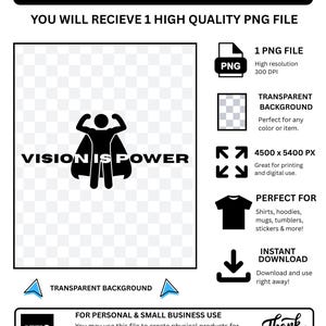 Könnte beinhalten: Eine digitale Grafikdatei mit einer schwarzen Silhouette einer Superheldenfigur mit Umhang und dem Text VISION IS POWER. Das Bild enthält technische Spezifikationen wie 1 PNG-Datei, 300 DPI, 4500 x 5400 PX und Details zum transparenten Hintergrund.