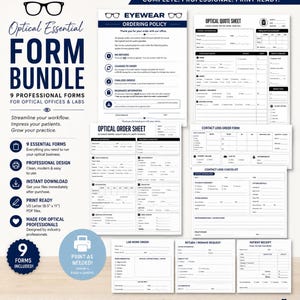 May include: A digital bundle of nine professional optical forms for offices and labs, including an ordering policy, quote sheet, order sheet, contact lens forms, lab work order, return request, and patient receipt, all in 8.5 inch by 11 inch format.