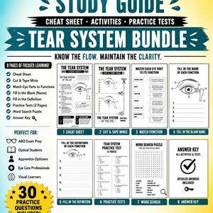 Könnte beinhalten: Ein Lernleitfaden mit dem Titel OPTI8 AXIS THE TEAR SYSTEM STUDY GUIDE. Das achtseitige Dokument enthält ein Merkblatt, Bastelvorlagen, Zuordnungsübungen, Lückentexte, Übungstests sowie ein Wortsuchrätsel zur Anatomie des Tränensystems.