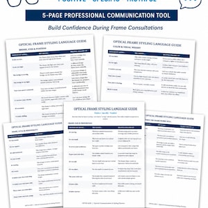 Könnte beinhalten: Ein fünfseitiges professionelles Kommunikationstool mit dem Titel Optical Frame Styling Language Guide. Das Dokument enthält Tabellen mit den Spalten Instead of Saying, Try Saying, Helpful Follow Up sowie Symbole für Sofort-Download, PDF und 8.5 x 11 inch.