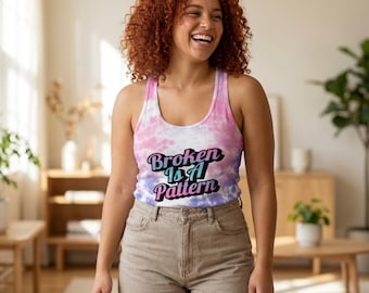 Broken Is A Pattern Tie Dye Racerback Tank Top | Pastel Pink Blue Purple