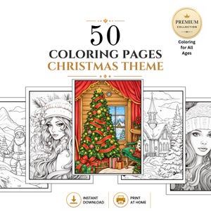 Op de afbeelding: Een digitale collectie van 50 kleurplaten met een kerstthema, voorzien van zwart-wit lijntekeningen van de Kerstman, winterlandschappen en portretten, met één centrale kleurenillustratie van een versierde kerstboom in een kamer.