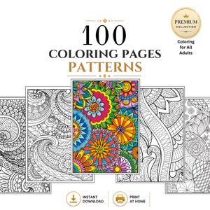 May include: A digital collection of 100 colouring pages featuring intricate patterns. The display shows five rectangular sheets, with one central page fully coloured in vibrant shades of pink, orange, blue, and green, while the others remain in black and white line art. Text includes 100 COLOURING PAGES PATTERNS, PREMIUM COLLECTION Colouring for All Adults, INSTANT DOWNLOAD, and PRINT AT HOME.
