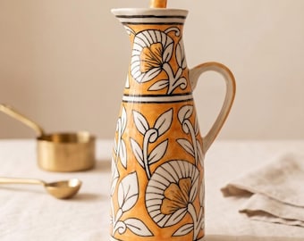 Botella dispensadora de aceite de cerámica / Aceitera con diseño floral pintado a mano