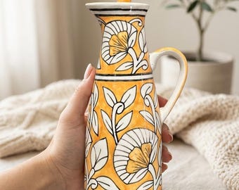 Botella dispensadora de aceite de cerámica amarilla / Aceitera con diseño floral pintado a mano