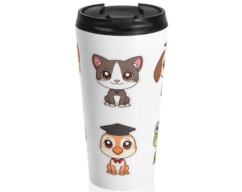 Kawaii Animals Stainless Steel Travel Mug | Cartoon Pets Tumbler 15oz
