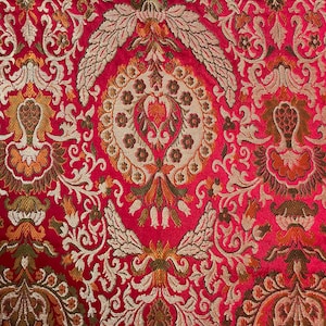 Red bouquet gold flowers kinkhab heavy Indian silk brocade fabric nr. 1-139 for 1/4 yard image 6