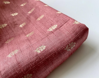 Old Pink Gold Raw Silk Brocade Fabric: Indian Metal Thread Flowers nr. 1-234
