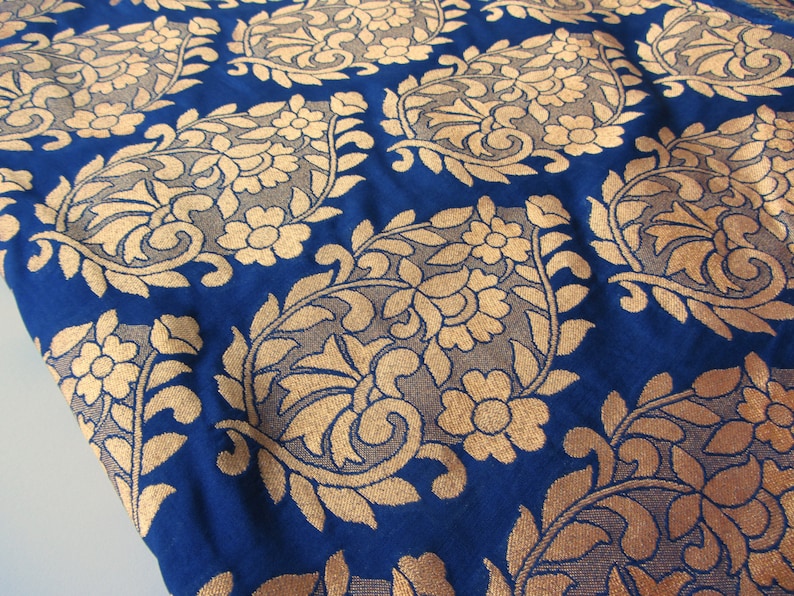 Cobalt Blue Gold Flower Bunch Art Silk Brocade Fabric Nr 724 Etsy