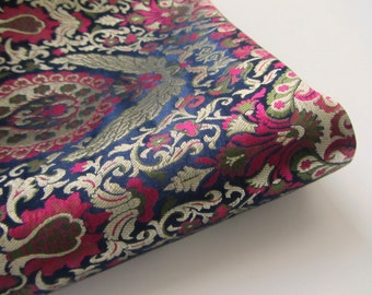 Dark blue pink gold flower basket heavy Indian silk brocade fabric nr 1-146 - for 1/4 yard