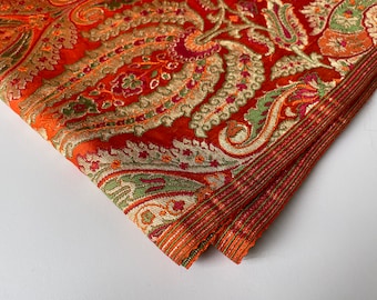 Tela brocada de seda pesada de color naranja real, verde y dorado, n.º 986 - RESTOS