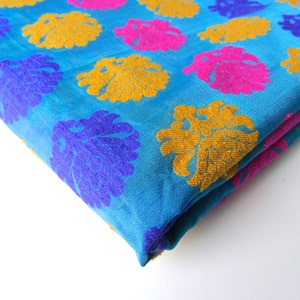 Blue Pink yellow neon flower on blue cotton jacquard woven fabric nr 206 REMNANT