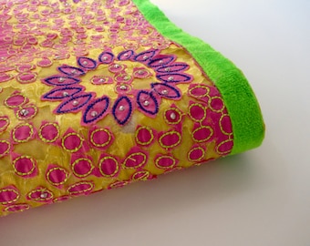 Pink yellow embroidered border pink flowers cotton India - for 1/2 yard  - fabric nr 674