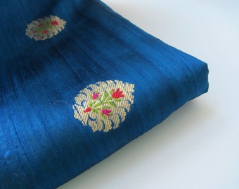 Cobalt Blue Raw Silk Brocade Fabric: Indian Multicolor Flower nr. 1-114