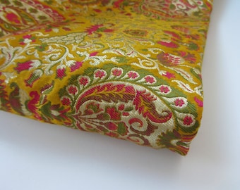 Yellow ochre pink green bouquets heavy Indian silk brocade fabric nr 1-142