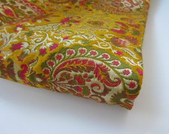 Yellow ochre pink green bouquets heavy Indian silk brocade fabric nr 1-142