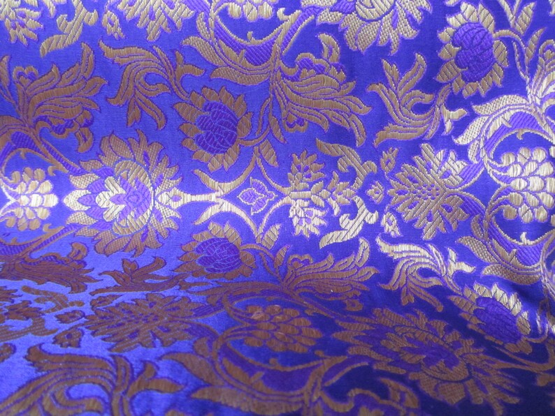 Purple blue gold flowers silk brocade fabric nr 845 1/4 yard | Etsy
