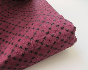 Wine Red Embroidered Tussar Silk Fabric – Geometric Black Design, Kaftan Material nr. 1-094