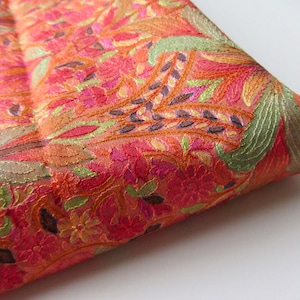Orange embroidered pink printed Silk flowers Fabric nr. 1-023 - 1/4 yard