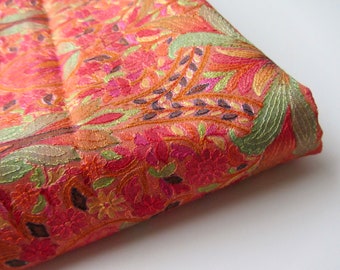 Orange embroidered pink printed Silk flowers Fabric nr. 1-023 - 1/4 yard