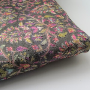 Dark gray anthracite printed and embroidered tussar silk flowers fabric nr. 1-073 - 1/4 yard