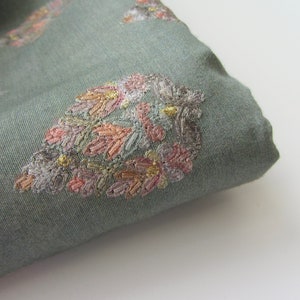 Soft green pastel leaf embroidered tussar silk perfect for kaftan fabric nr 1-100 - 1/4 yard