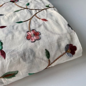 Green pink flowers and branches embroidered white cotton fabric nr. 1-001 for a yard