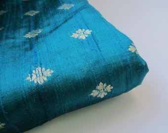 Petrol blue silver flower raw silk brocade Indian fabric nr 1-116 - 1/4 yard