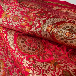 Red bouquet gold flowers kinkhab heavy Indian silk brocade fabric nr. 1-139 for 1/4 yard image 7