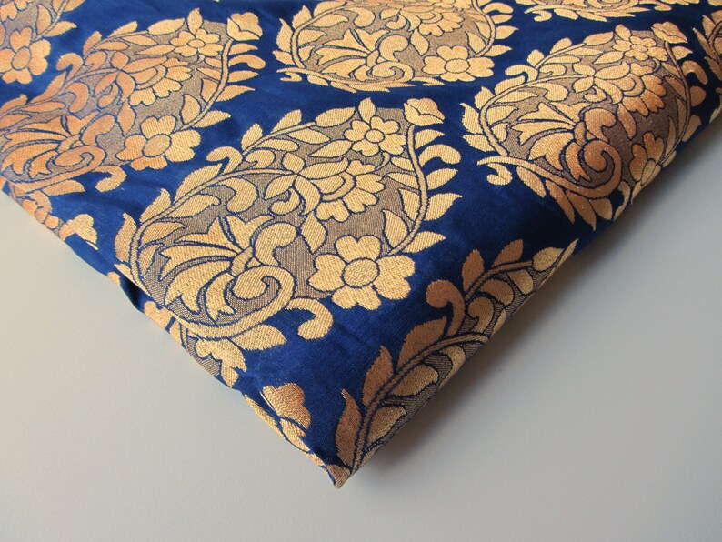 Cobalt blue gold flower bunch art silk brocade fabric nr 724 Etsy
