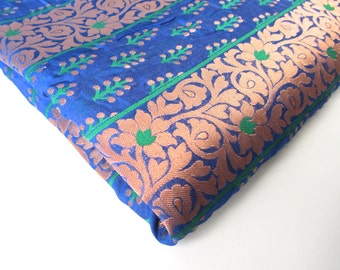 cobalt blue copper green flowers and branches India silk brocade fabric nr 154 fat quarter