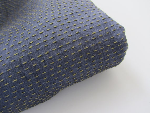 Green Kantha Stitch Tussar Silk Fabric - Dark Blue Embroidered Silk - nr. 1-154