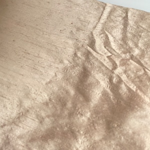 May include: A close-up of a piece of beige silk fabric with a subtle sheen. The fabric has a wrinkled texture and is folded in a way that shows the drape and flow of the material.