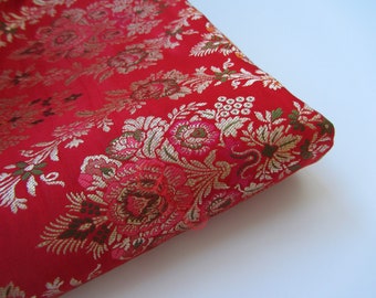 Red light gold flowers kinkhab heavy Indian silk brocade fabric nr. 1-138 for 1/4 yard