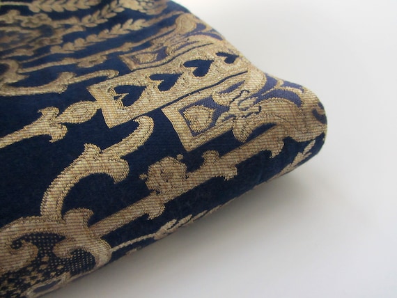 Navy Blue Gold Indian Silk Brocade Fabric: Heavy Upholstery Material -nr 1-144