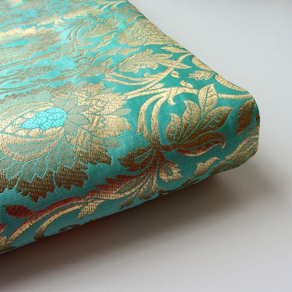 Light sea blue gold heavy Indian silk brocade fabric nr 1-054 - for 1/4 yard
