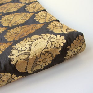 Black gold parrot gold flowers art silk brocade fabric nr 719 - 1/4 yard | fat quarter